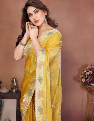 Yellow chiffon stylish style saree 3