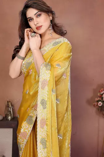 Yellow chiffon stylish style saree