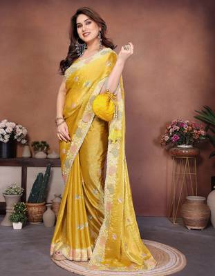 Yellow chiffon stylish style saree 4