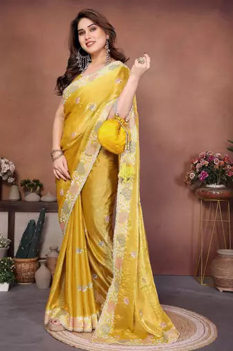 Yellow chiffon stylish style saree