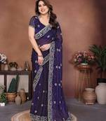 Blue color fendy chiffon fabric stylish bollywood style saree
