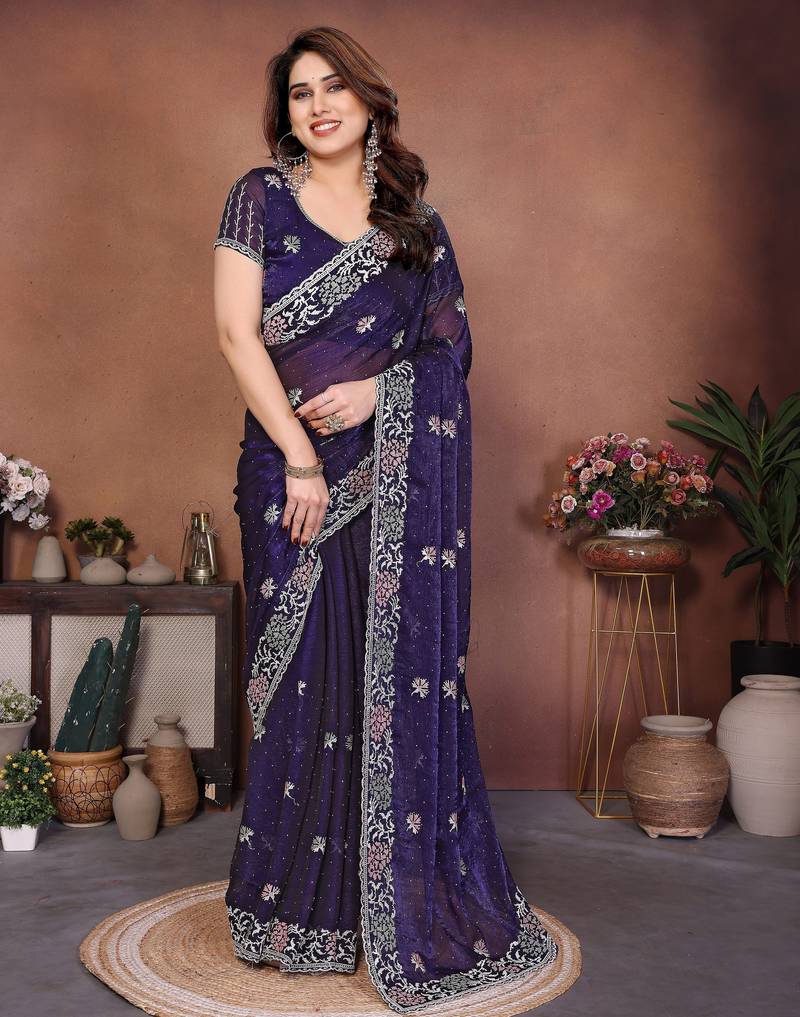 Blue color fendy chiffon fabric stylish bollywood style saree