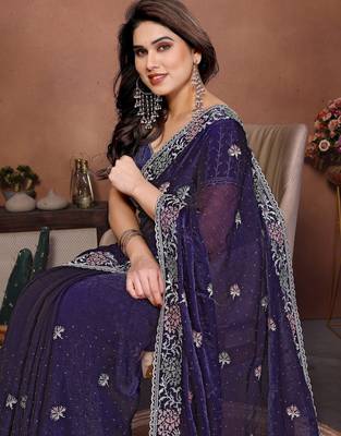 Blue chiffon stylish style saree 3