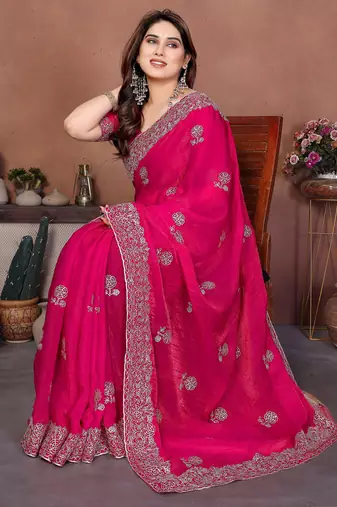 Pink chiffon stylish style saree