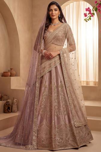 Dazzling Mauve Zari Work Silk Bridal Lehenga Choli With Double Dupatta