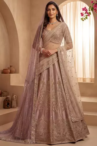 Dazzling Mauve Zari Work Silk Bridal Lehenga Choli With Double Dupatta