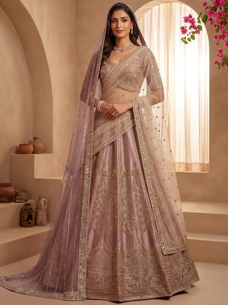 Dazzling Mauve Zari Work Silk Bridal Lehenga Choli With Double Dupatta