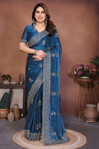 Teal blue color fendy chiffon fabric stylish bollywood style saree