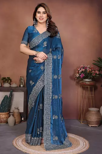 Teal blue color fendy chiffon fabric stylish bollywood style saree