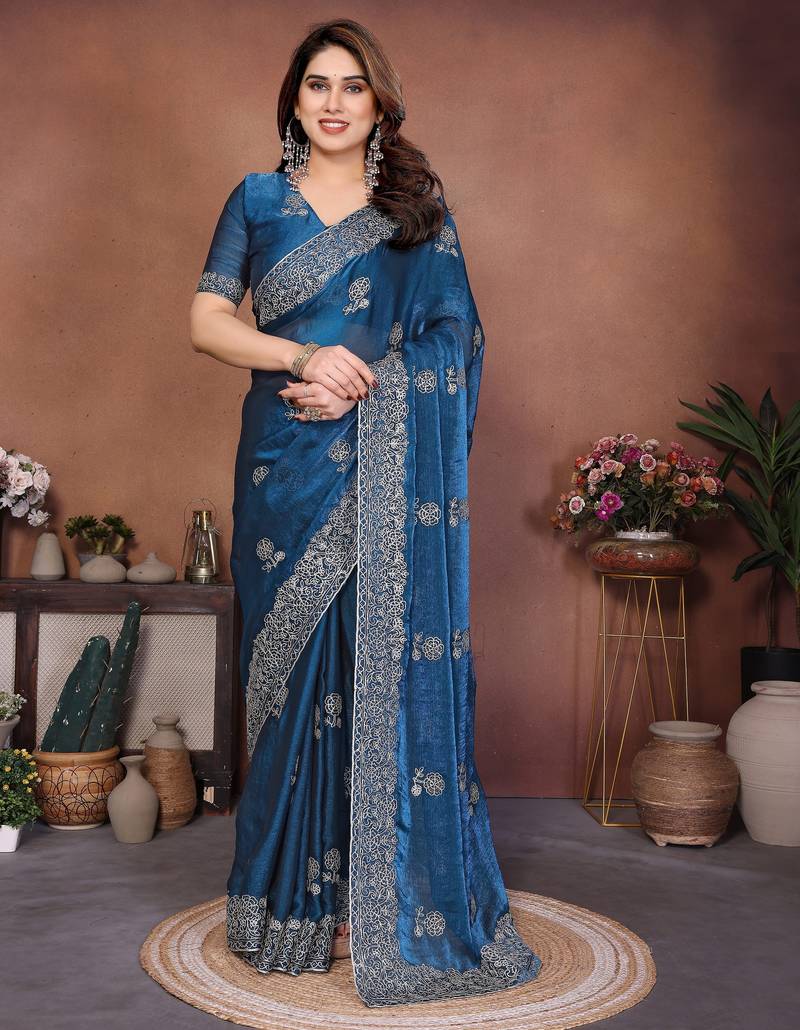 Teal blue color fendy chiffon fabric stylish bollywood style saree