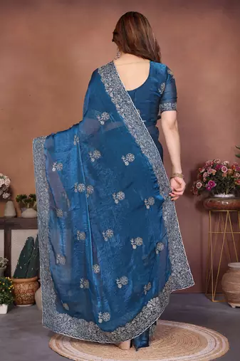 Teal blue chiffon stylish style saree