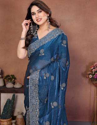 Teal blue chiffon stylish style saree 3