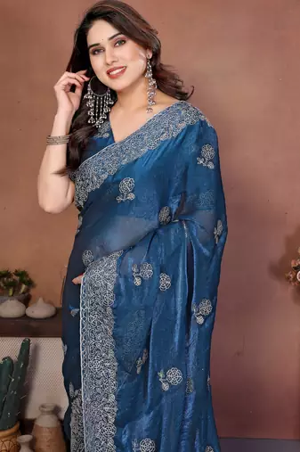 Teal blue chiffon stylish style saree