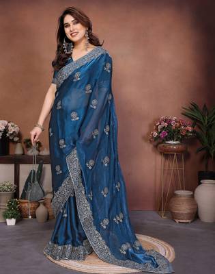 Teal blue chiffon stylish style saree 4