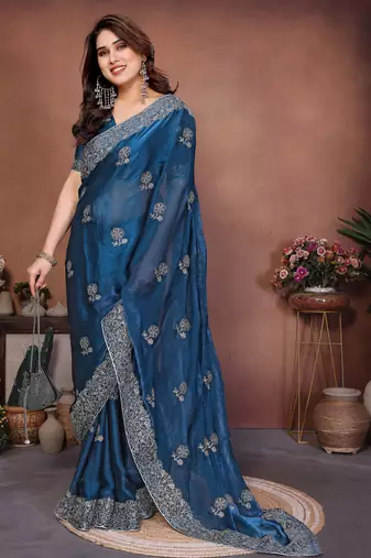 Teal blue chiffon stylish style saree