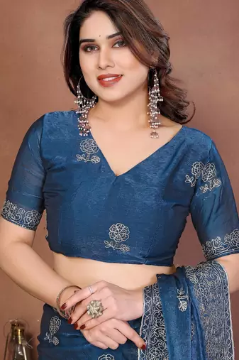 Teal blue chiffon stylish style saree