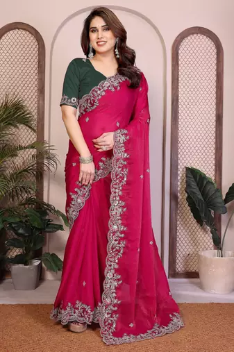Pink color fendy chiffon fabric stylish bollywood style saree