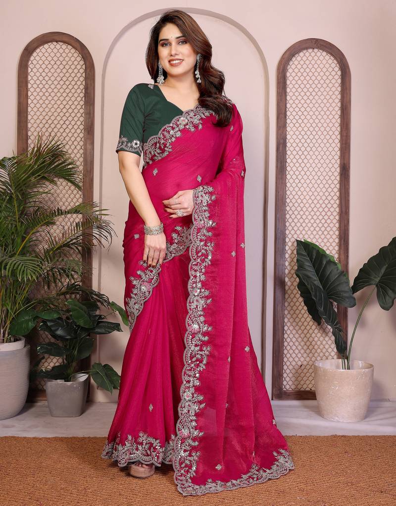Pink color fendy chiffon fabric stylish bollywood style saree