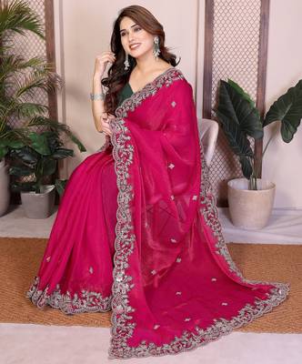 Pink chiffon stylish style saree 4