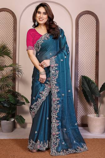 Teal blue color fendy chiffon fabric stylish bollywood style saree