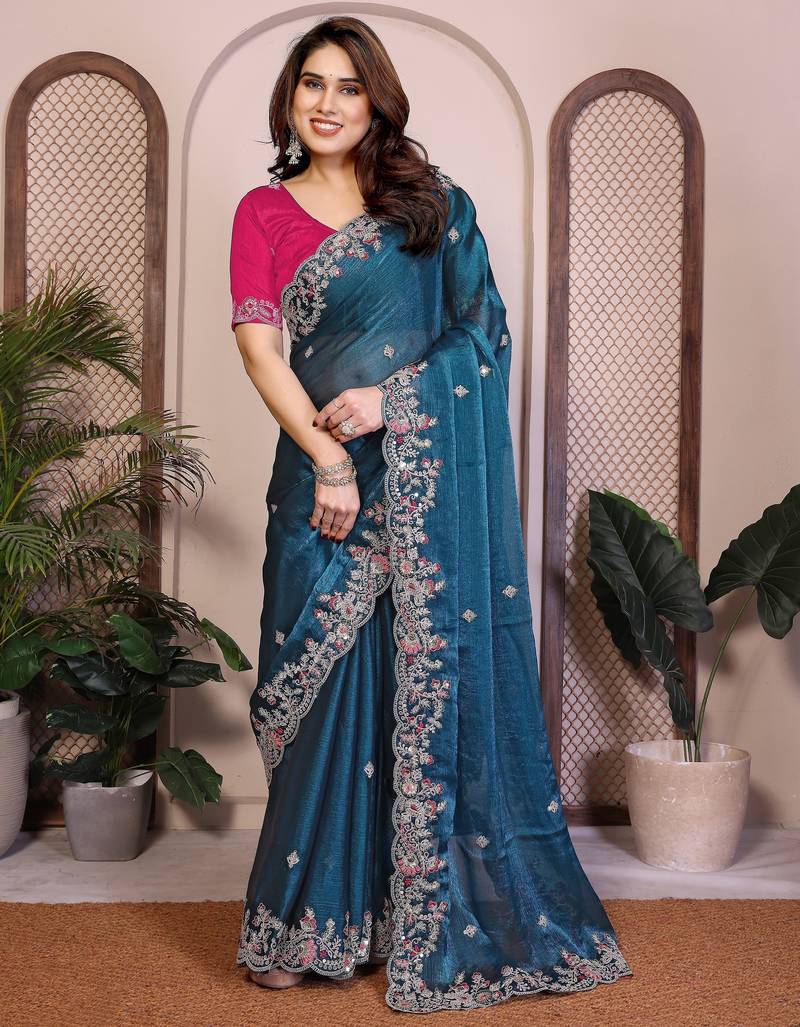 Teal blue color fendy chiffon fabric stylish bollywood style saree