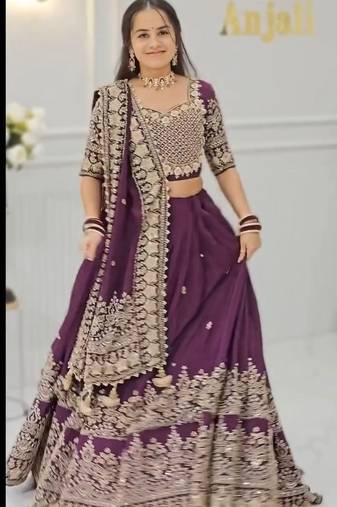 Royal purple Color Embroidery Thread and Sequence Work Georgette Lahenga Choli Set