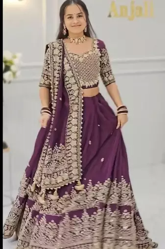 Royal purple Color Embroidery Thread and Sequence Work Georgette Lahenga Choli Set