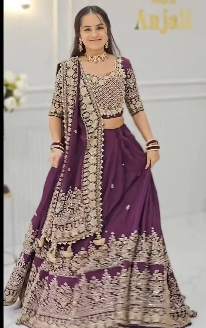 Royal purple Color Embroidery Thread and Sequence Work Georgette Lahenga Choli Set
