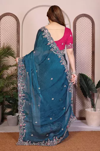 Teal blue chiffon stylish style saree