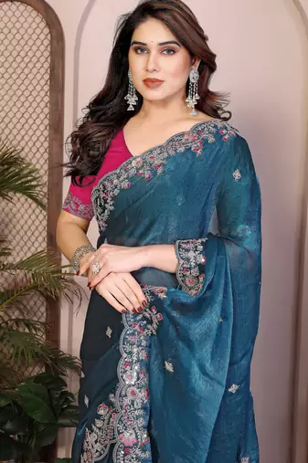 Teal blue chiffon stylish style saree