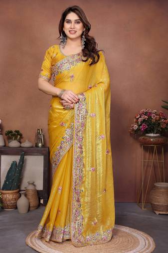 Yellow color designer fendy chiffon fabric beautiful embroidered saree
