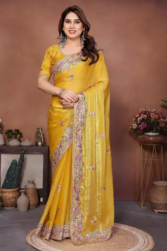 Yellow color designer fendy chiffon fabric beautiful embroidered saree