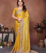 Yellow color designer fendy chiffon fabric beautiful embroidered saree