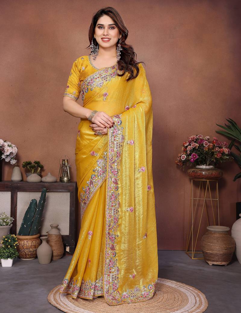 Yellow color designer fendy chiffon fabric beautiful embroidered saree