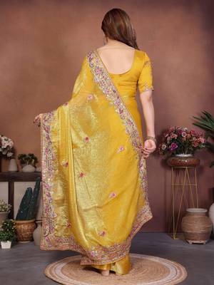 Yellow chiffon embroidered saree 2