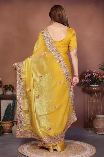 Yellow chiffon embroidered saree