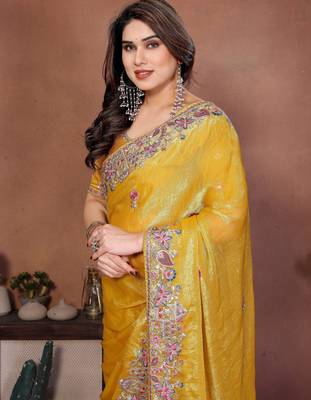 Yellow chiffon embroidered saree 3