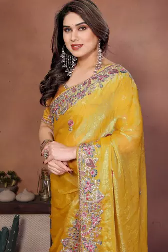 Yellow chiffon embroidered saree