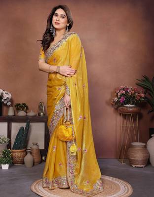 Yellow chiffon embroidered saree 4