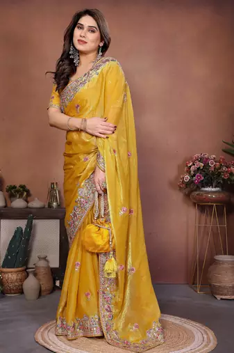 Yellow chiffon embroidered saree