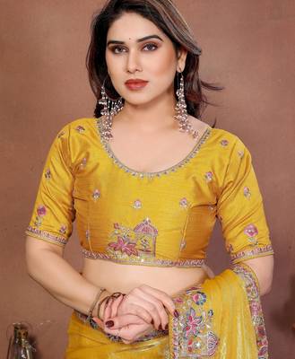 Yellow chiffon embroidered saree 5