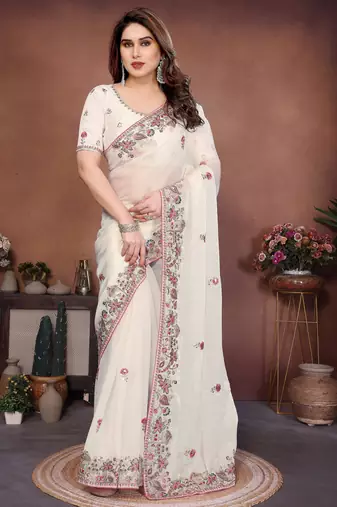 Off white color designer fendy chiffon fabric beautiful embroidered saree