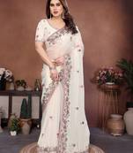Off white color designer fendy chiffon fabric beautiful embroidered saree
