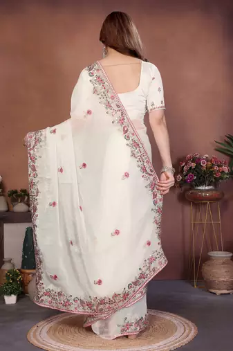 Off white chiffon embroidered saree