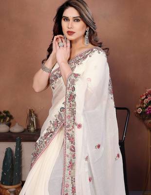 Off white chiffon embroidered saree 3
