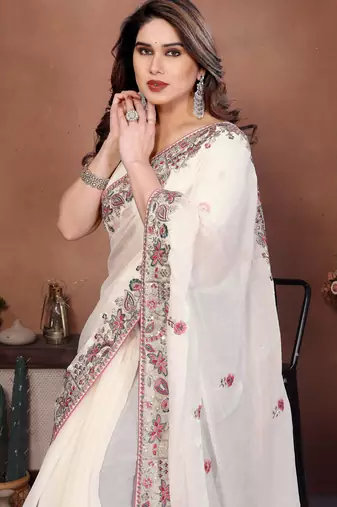 Off white chiffon embroidered saree