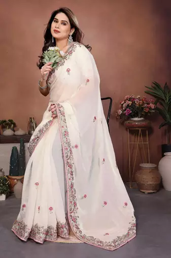 Off white chiffon embroidered saree