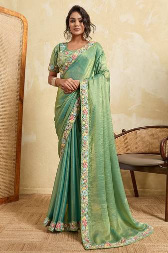 Pista color designer fendy chiffon fabric beautiful embroidered saree
