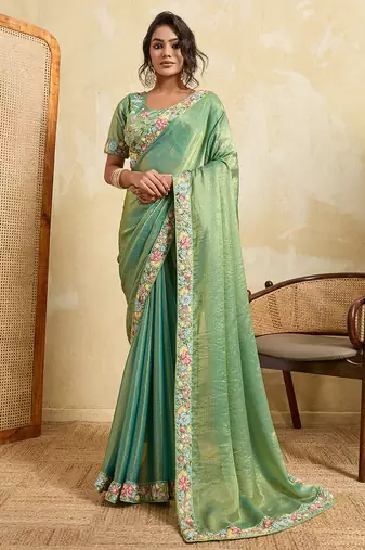 Pista color designer fendy chiffon fabric beautiful embroidered saree