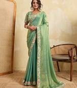 Pista color designer fendy chiffon fabric beautiful embroidered saree